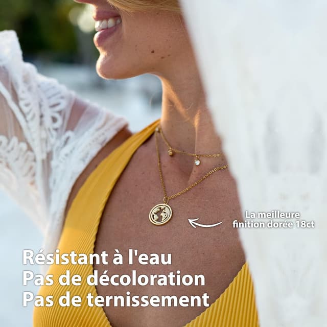 Detalle de Collier globe terrestre rotatif BONNYBIRD en acier inoxydable 316L pour femme, carte du monde
