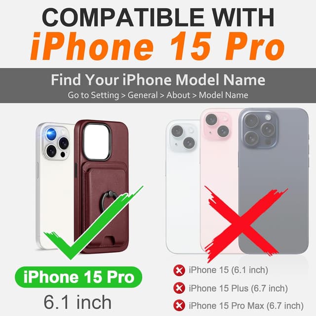 Detalle de SHIELDON Hülle für iPhone 15 Pro (6,1") mit Kartenhalter aus Echtleder – 2-in-1 mit Ring und kabellosem Laden, Weinrot