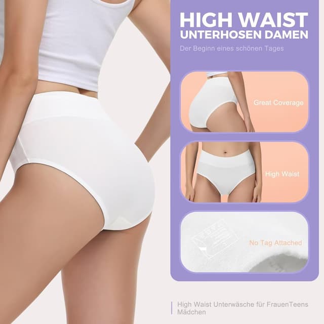 Detalle de IceReco Damen-Unterhosen mit hoher Taille (5er-Pack) aus Baumwolle mit Stretch