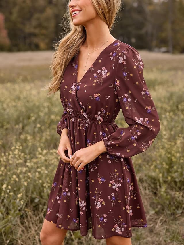 Detalle de Cupshe abito autunnale in chiffon da donna mini a trapezio con maniche lunghe a sbuffo e scollo a V