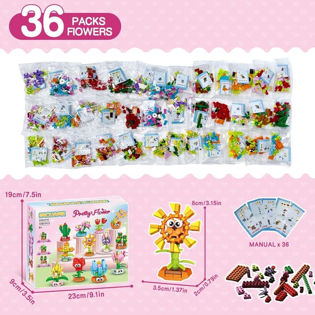Detalle de IMCUAMK 36 Packs Valentines Party Favors Flower Building Blocks Set
