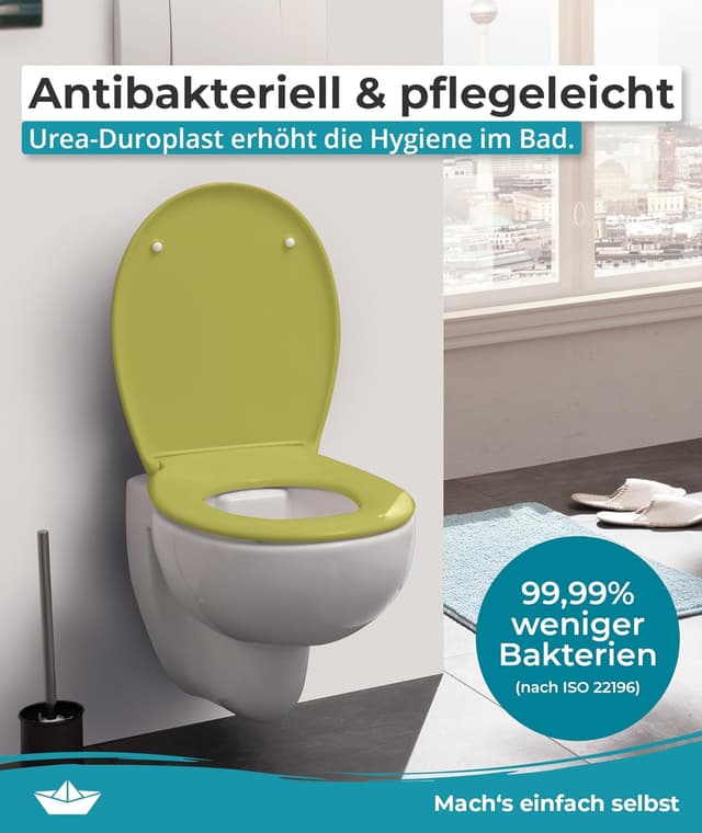Detalle de Calmwaters® Premium WC Sitz „einfache Montage“ – antibakterieller Duroplast, Absenkautomatik, bis 250 kg, Oliv-Moosgrün