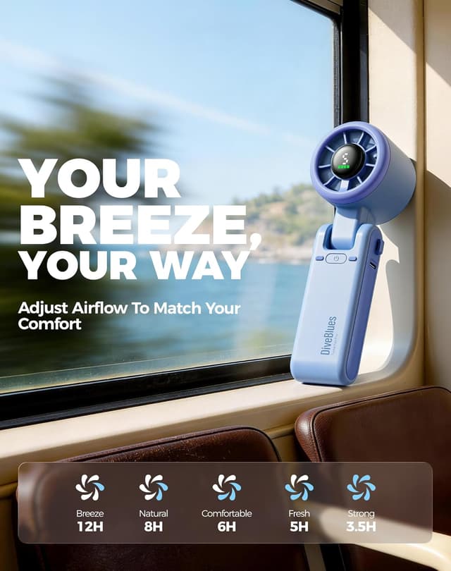 Detalle de Diveblues JetForce — ventilateur portable à main 3-en-1, 5 vitesses, batterie rechargeable