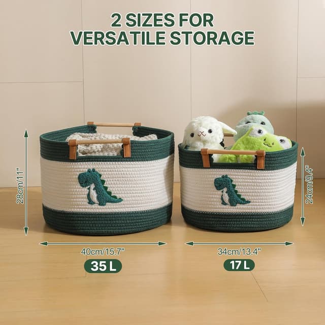 Detalle 2 de Baumwollseil-Aufbewahrungskorb mit Holzgriffen für Kinderdecken und Kuscheltiere (ca. 17 L)