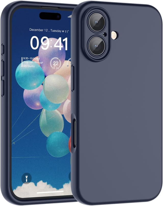Detalle de SUPFINE iPhone 16 Plus Case in Midnight Blue: liquid silicone, slim shockproof protection