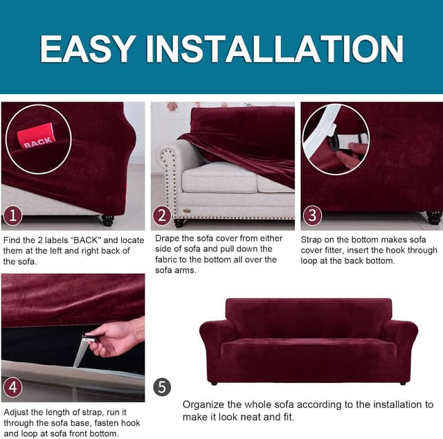 Thumbnail 6 de YSTELLAA copridivano in velluto elasticizzato 3 posti con braccioli antistrappo anti-graffio (Bordeaux)