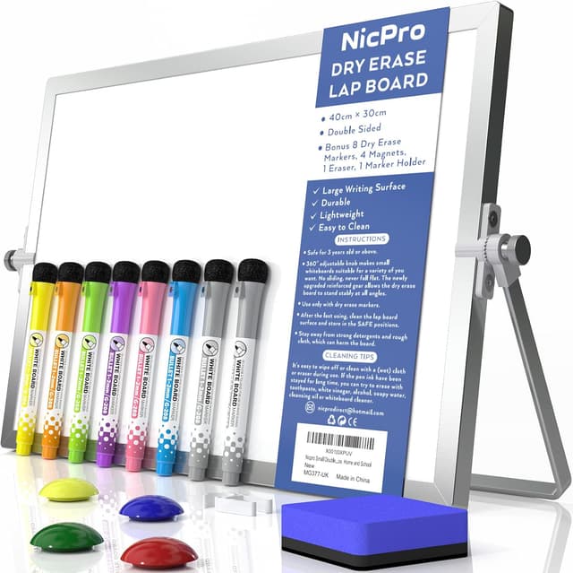 Detalle de Nicpro A3 Double-Sided Magnetic Dry Erase Mini Whiteboard (40 x 30 cm) with Stand, 8 Pens, Eraser & Magnets