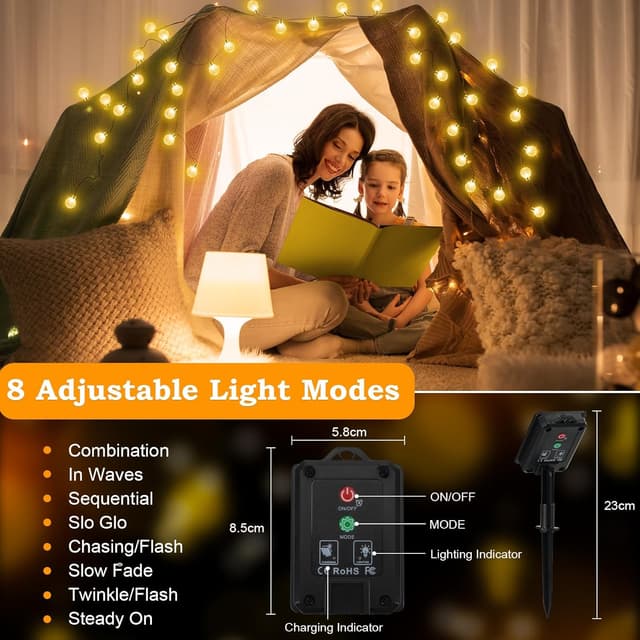 Detalle de Goffii Lichterkette Außen Solar wetterfest – 60 LED Warmweiß, 3 m Kabel + 10,2 m Lichterkette, IP65, 8 Modi