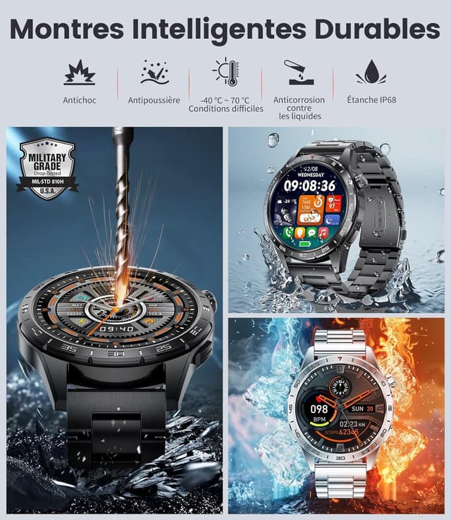 Detalle de Montre connectée homme FITFLEX : écran AMOLED 1,43" HD, appels Bluetooth et suivi santé (IP68)