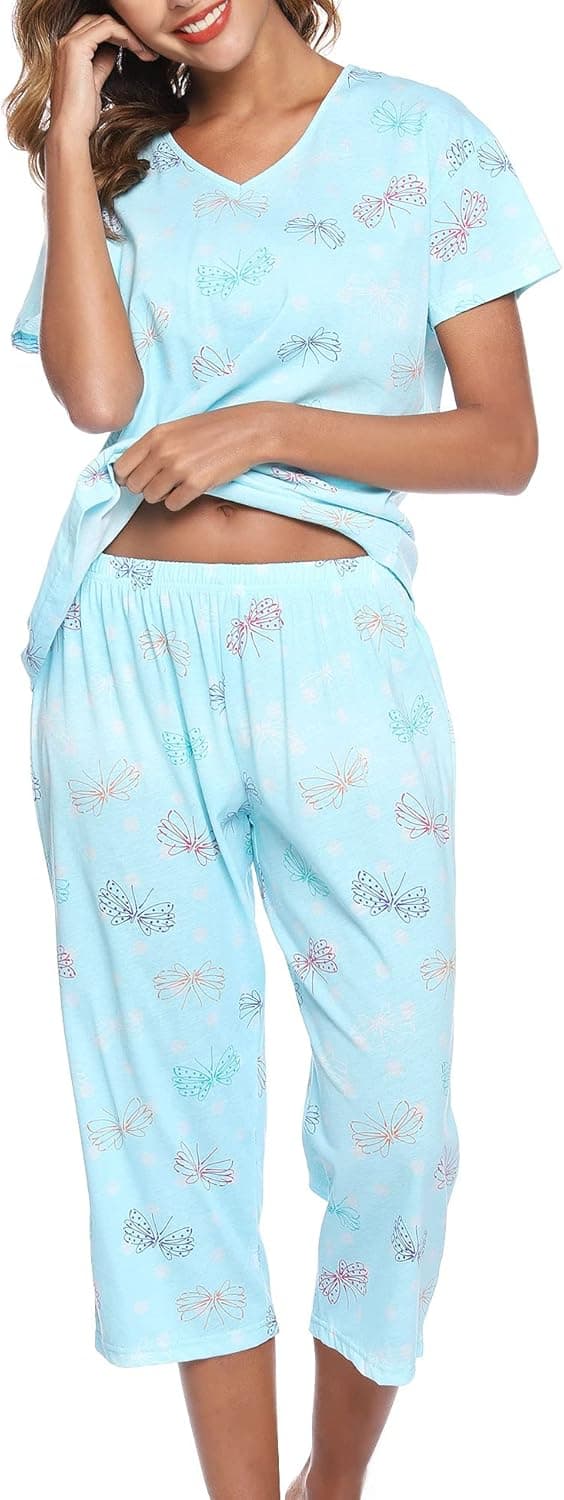Thumbnail 1 de ENJOYNIGHT Women’s Cotton Pajama Set (Short Sleeve Top & Capri Pants) 2-Piece Lounge Sleepwear