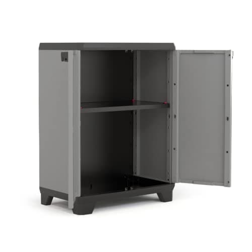 Detalle de Keter Armario Stilo bajo en resina (gris/negro) con 2 puertas y balda regulable