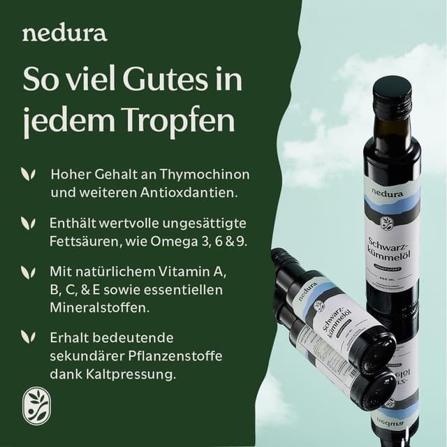 Detalle de nedura® Schwarzkümmelöl kaltgepresst (ungefiltert) 100 ml – 100% naturrein