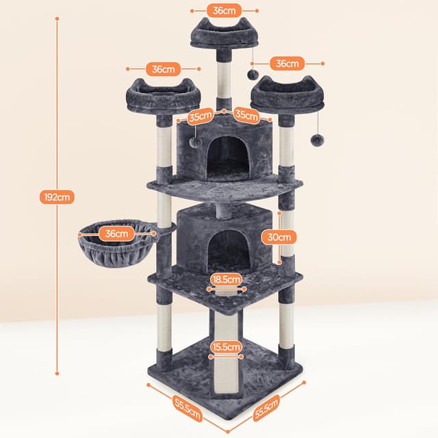 Detalle de Yaheetech Kratzbaum 193 cm XXL deckenhoch mit 8 Sisalstämmen, 2 Katzenhöhlen & 3 Aussichtplattformen (dunkelgrau)