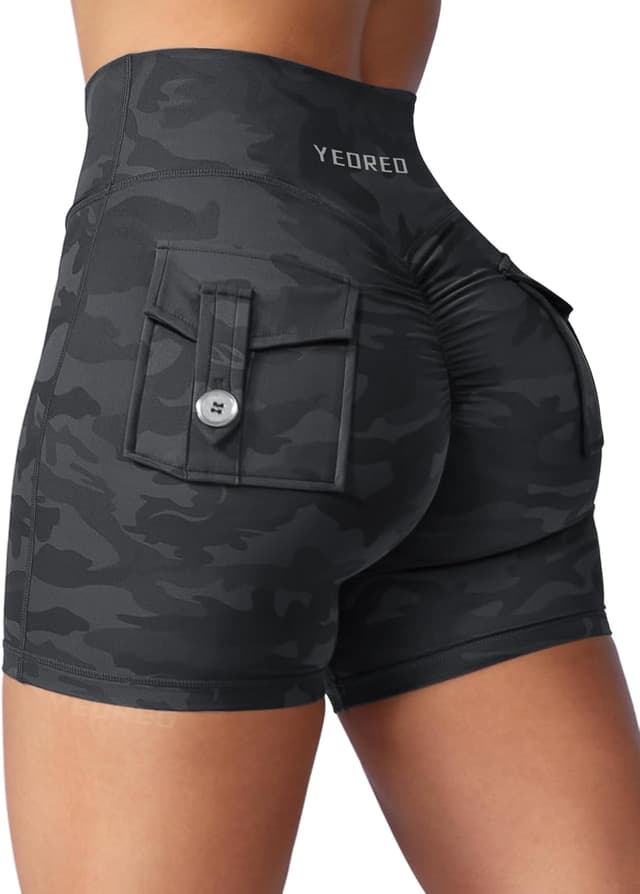 Detalle de YEOREO CoreFlex Scrunch Workout Shorts with Pockets (High-Waisted Biker Shorts)