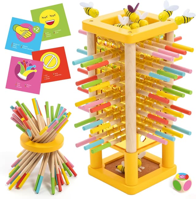 Detalle de Nene Toys BeeFall Bienen Geschicklichkeitsspiel (4-in-1) mit Würfel, Aktionskarten & Rainbow Sticks – Holz-Turmspiel für Kinder ab 3