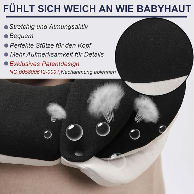 Detalle 2 de BUYUE Reise-Nackenkissen für Flugzeuge inkl. 3D-Augenmaske, Ohrstöpsel & Tasche (360°-Stütze, Erwachsene, Schwarz)