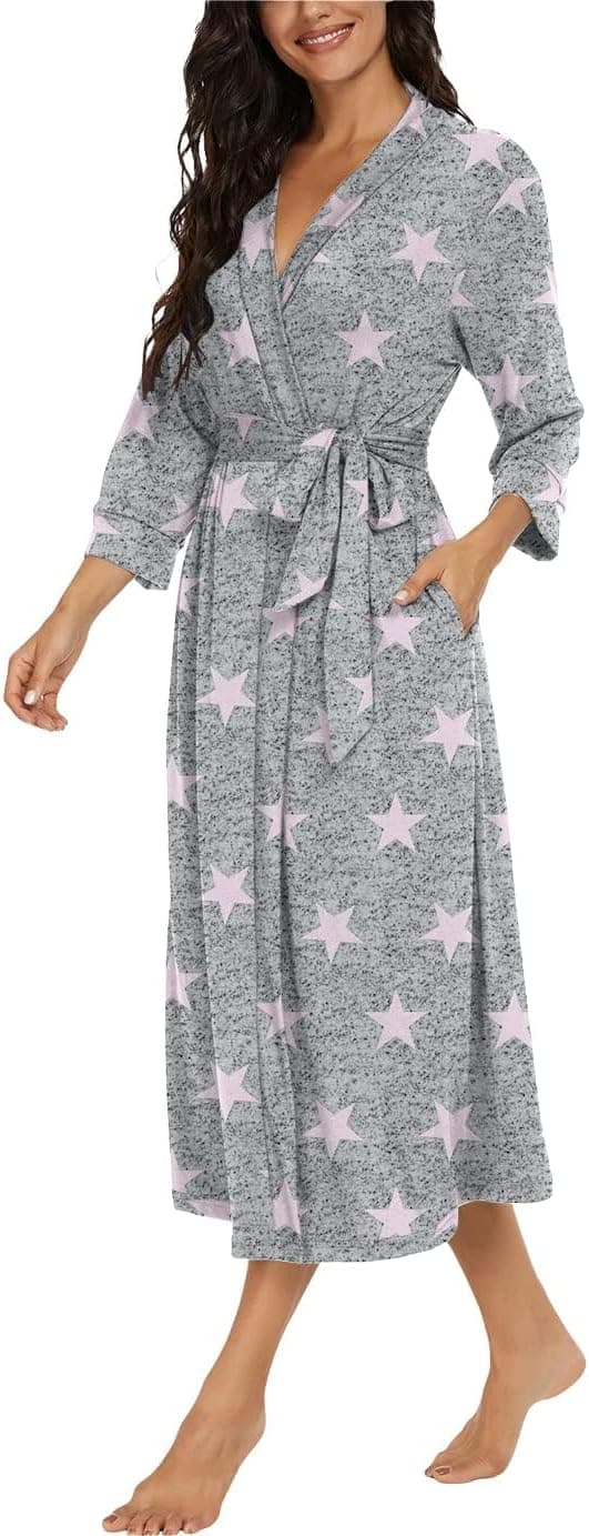 Detalle 2 de PrinStory Damen Bademantel mit 3/4-Ärmeln und V-Ausschnitt (Kimono-Robe) – leichter Morgenmantel