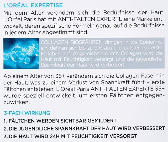 Detalle de L’Oréal Paris Anti-Falten Experte 35+ Feuchtigkeitspflege mit Kollagen-Biosphären (24h) – Anti-Aging Creme, 50 ml