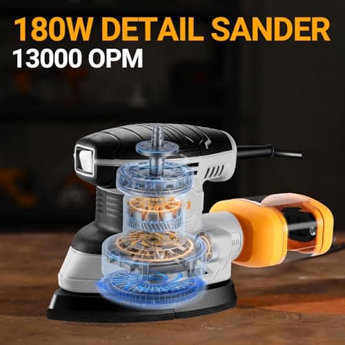Detalle de DEKOPRO lijadora eléctrica para madera de 180W, orbital y 13000 RPM con colector de polvo y 15 lijas