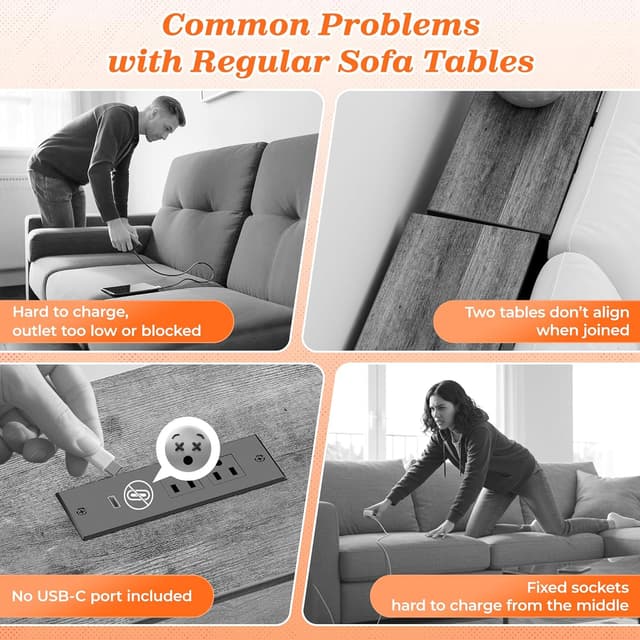 Detalle de SUPERJARE 79 Inch Sofa Table with 2 Power Outlets, USB-C Ports & Narrow Storage Console (Rustic Brown)