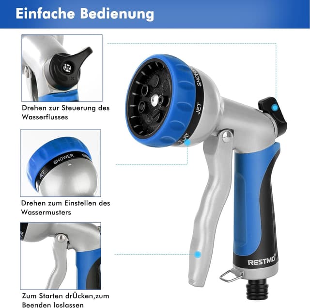 Detalle de RESTMO Gartenbrause aus Metall mit 7 Sprühmuster und einstellbarem Wasserdurchfluss (Hochdruck-Handbrause, blau)