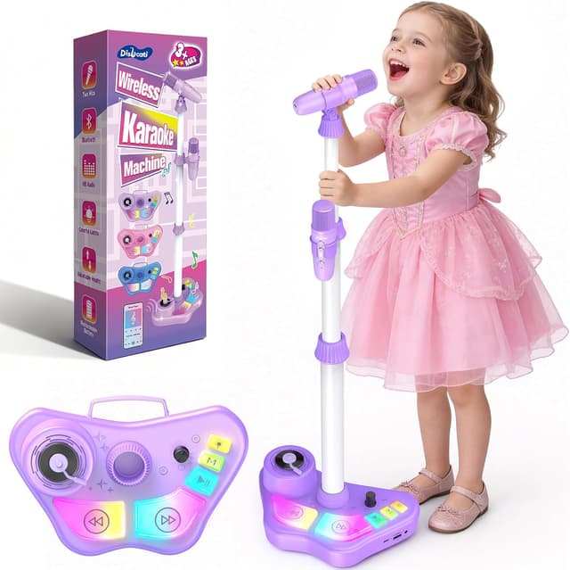 Detalle de Kinder-Karaoke-Maschine mit 2 Bluetooth-Mikrofonen und höhenverstellbarem Mikrofonständer (LED & 5 Toneffekte) – Geschenk ab 3 bis 12 Jahre