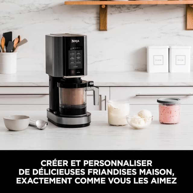 Detalle de Ninja CREAMi NC302EU, machine à crème glacée et desserts glacés noire/argent – 7 programmes, 1,4 L