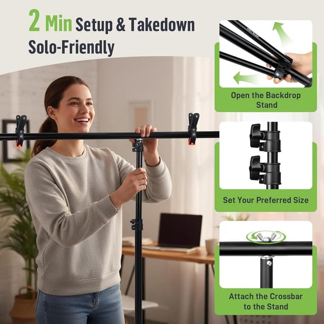 Detalle 2 de Heysliy Green Screen 2x3M Background with T Backdrop Stand (6.5x9.5ft)