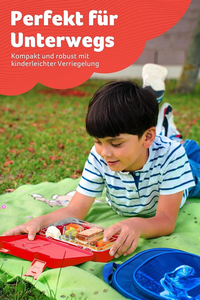 Detalle de Jarlson TONI Kinder-Brotdose mit Fächern „DINOSAURIER 2.0“ – auslaufsicheres Bento für Kindergarten und Schule