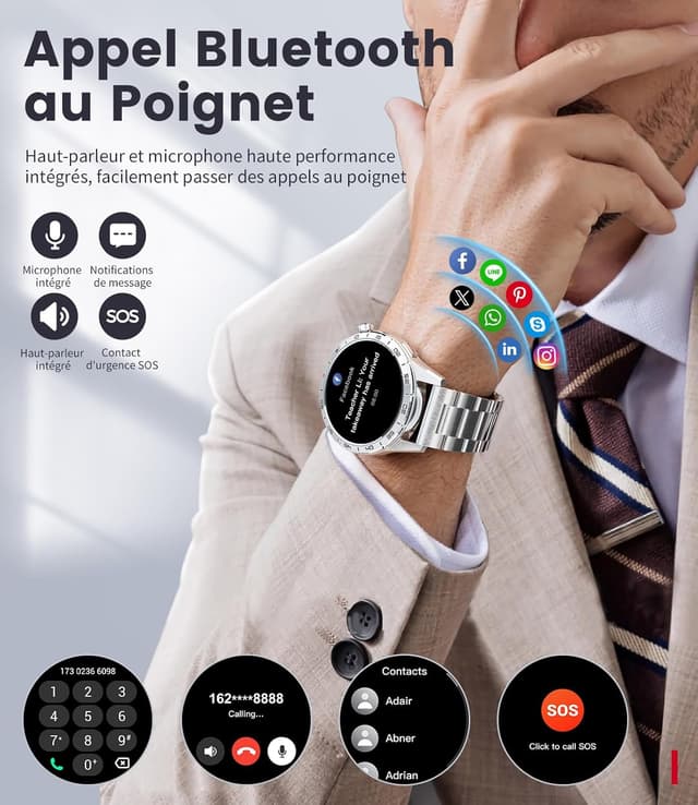 Detalle de Montre connectée homme FITFLEX : écran AMOLED 1,43" HD, appels Bluetooth et suivi santé (IP68)