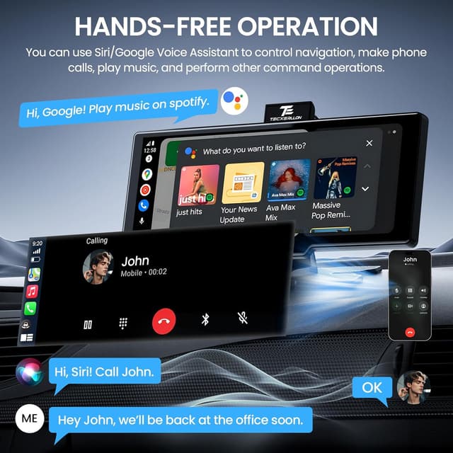 Detalle de TECXERLLON 10.26-inch Wireless CarPlay & Android Auto screen with 4K dash cam and 1080P rear camera