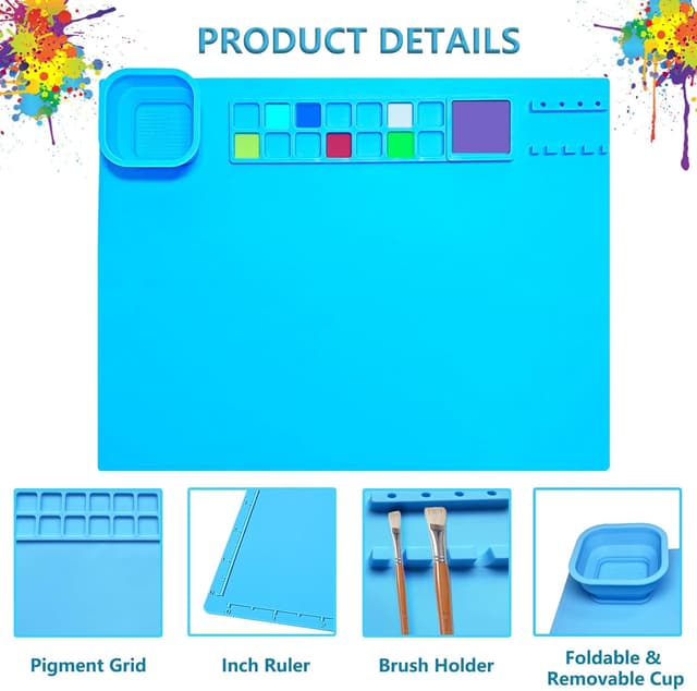 Detalle de TENQUAN Silikon-Bastelmatte 51 x 41 cm mit Becher – abwaschbare Antihaft-Unterlage zum Malen & Basteln (blau)