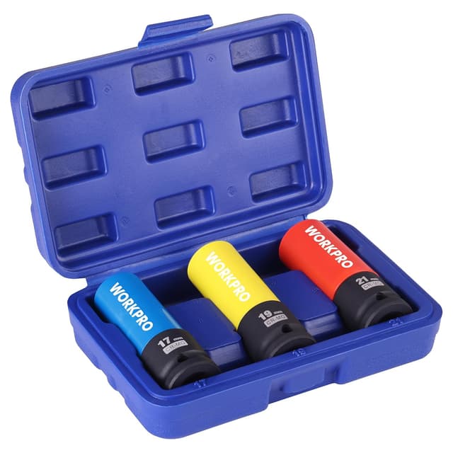 Detalle de WORKPRO Set bussole bulloni ruota 1/2" (17/19/21 mm) con protezione, 3 pezzi, parete sottile Cr-Mo