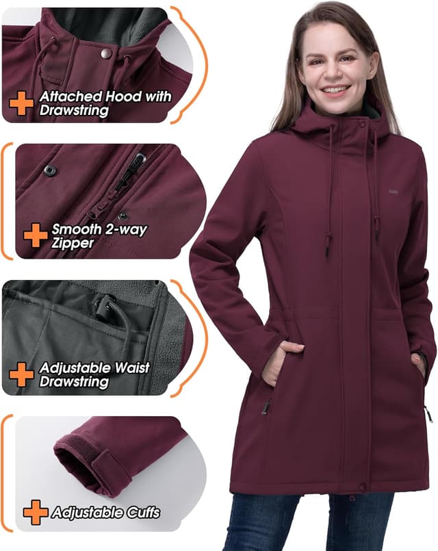 Detalle de 33,000ft Women’s Softshell Jacket with Hood – Waterproof, windproof fleece-lined long coat