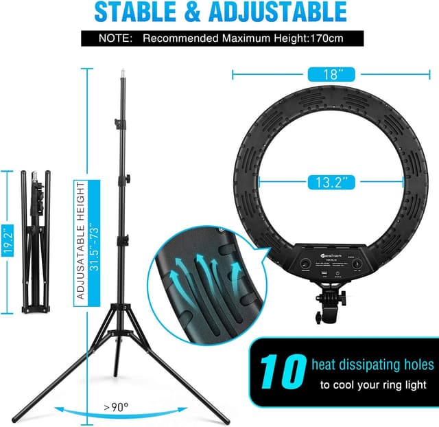 Detalle de Yesker 18-inch LED Ring Light Kit with 73-inch Tripod Stand (3200K–6000K) + Phone Holder