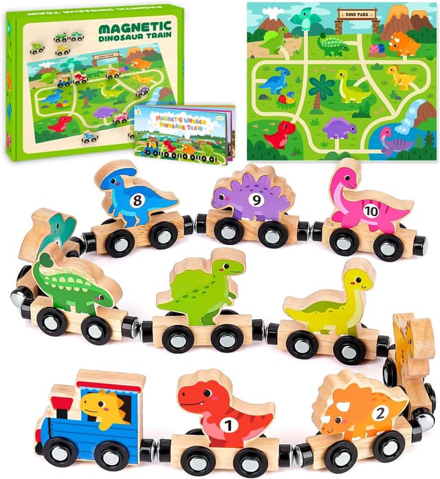 Detalle de Toddler Wooden Magnetic Dinosaur Train Set (11 cars) for ages 1–3