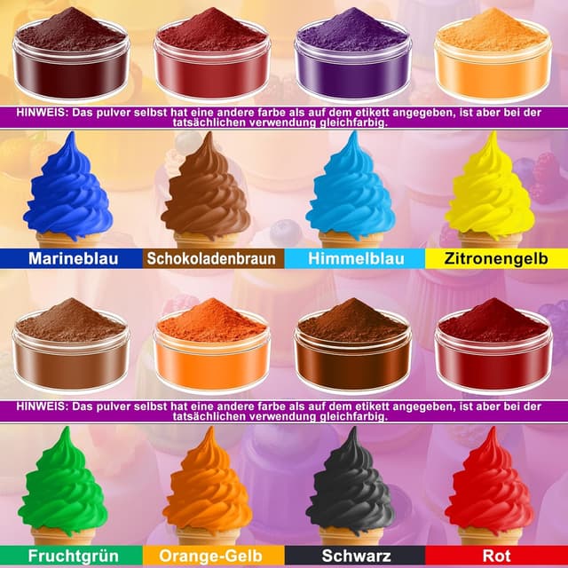 Detalle 2 de ERCorArt Lebensmittelfarbe Pulver – 8 Farben (5 g je Farbe), essbare Puderfarbe für Torten, Fondant, Macarons & mehr