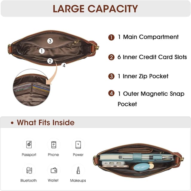 Detalle de Kattee borsa a tracolla in pelle da donna con zip, tracolla regolabile e cinturino da polso