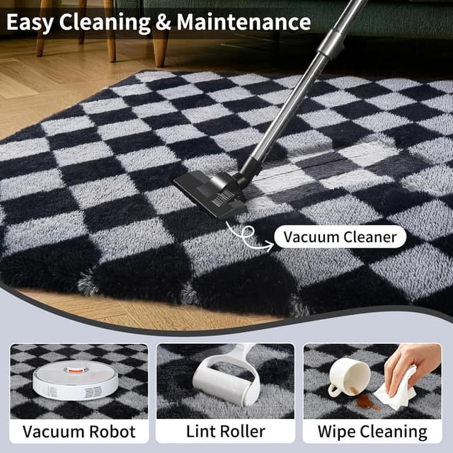 Detalle 2 de FVVRAX Checkered Fluffy Rug 200x300cm (Black & Grey) – Plush low-shedding non-slip area rug