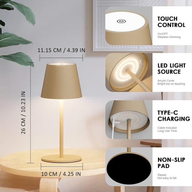 Detalle de Lundwa dimmbare LED Akku-Tischleuchte 26 cm mit 5.000-mAh-Akku (IP54, 3 W, 3000 K) – Khaki, 1 Stück