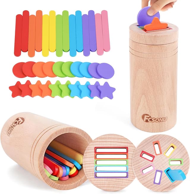 Detalle de FCSONU Montessori Steckspiel aus Holz (3-in-1) ab 1 Jahr, Sortierspiel mit Formen und Farben