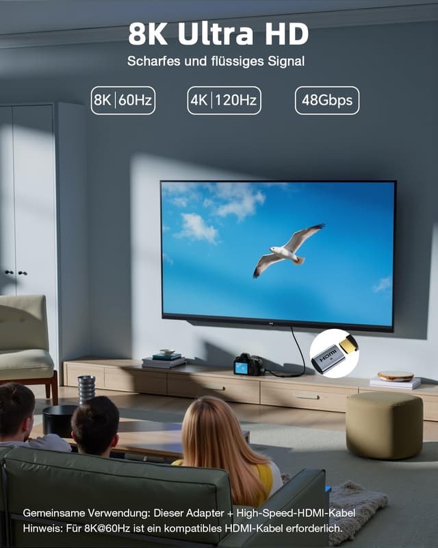 Detalle de VCELINK 8K Mini-HDMI auf HDMI 2.1 Adapter (2.1) – 8K@60 Hz / 4K@120 Hz, vergoldeter Mini-HDMI-Stecker, 18 cm Kabel