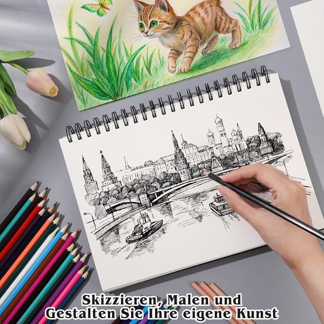 Detalle de A4 Skizzenbuch mit 250 g/m² Zeichenpapier, 40 Blatt (80 Seiten) und Spiralbindung