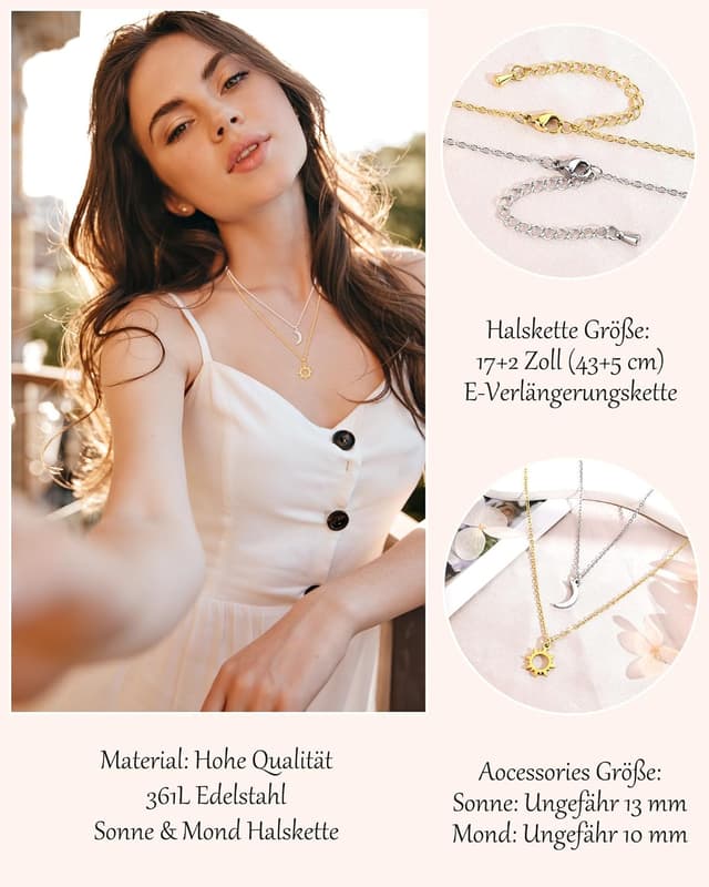 Detalle 2 de SUNSH Sonne- & Mond-Halskette (Damen) aus 316L Edelstahl – verstellbare Kette, nickelfrei