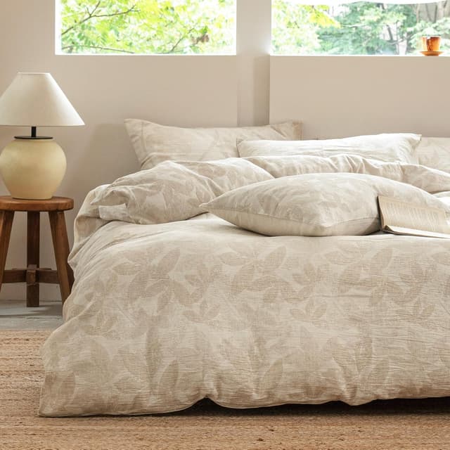 Detalle de SOULFUL Leinen-Bettwäsche 155x220 (Jacquard, Boho Leaves) mit Kissenbezug 80x80, Öko-Tex 100