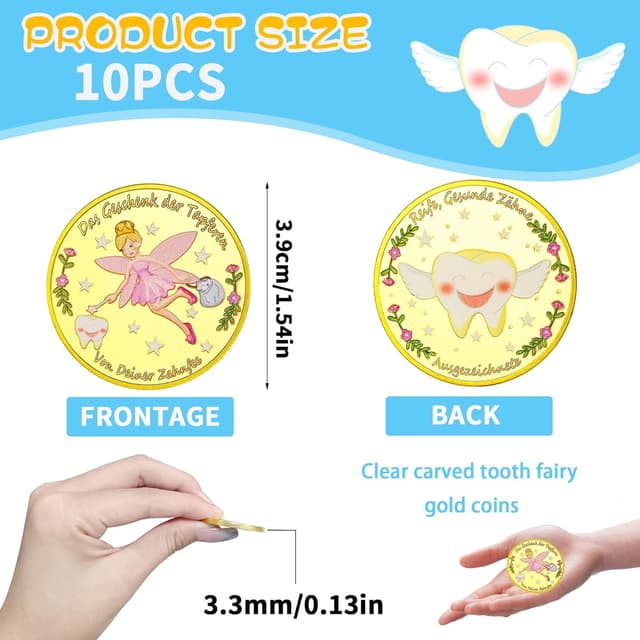 Detalle de VEEKAY Zahnfee Münzen (10 Stück) – bunte Goldmünzen als Geschenk für Kinder