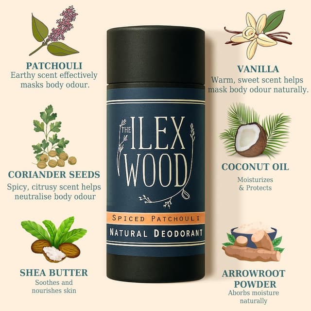 Detalle de The Ilex Wood Natural Deodorant Stick (70ml) – Spiced Patchouli, aluminium-free & plastic-free