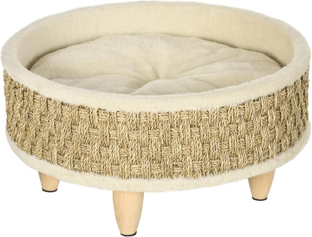 Detalle de PawHut Panier rond pour chien sur pied (style cosy chic) avec coussin intégré Ø 48 x 24,5H cm beige