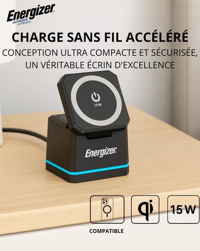 Detalle de Energizer WCP307 chargeur de bureau 3-en-1 sans fil 15 W avec MagSafe, support pliable et hauteur réglable