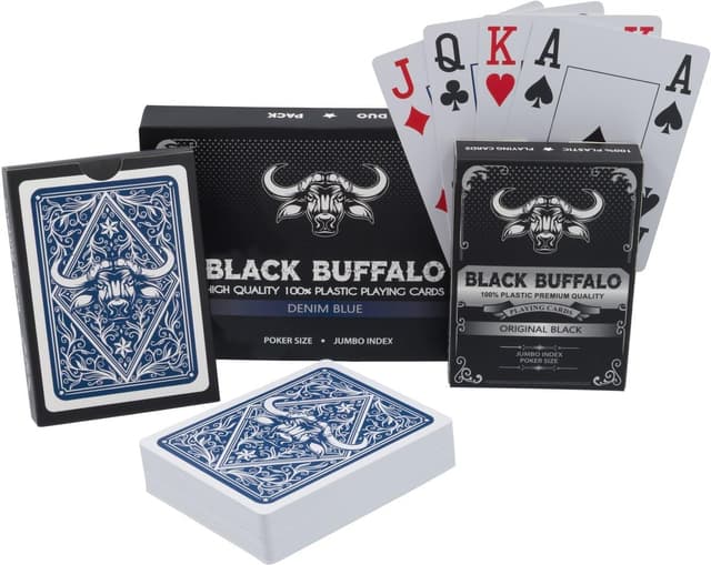 Detalle de Black Buffalo – Lot de 2 jeux de cartes de poker imperméables en plastique (Noir et Bleu), 54 cartes